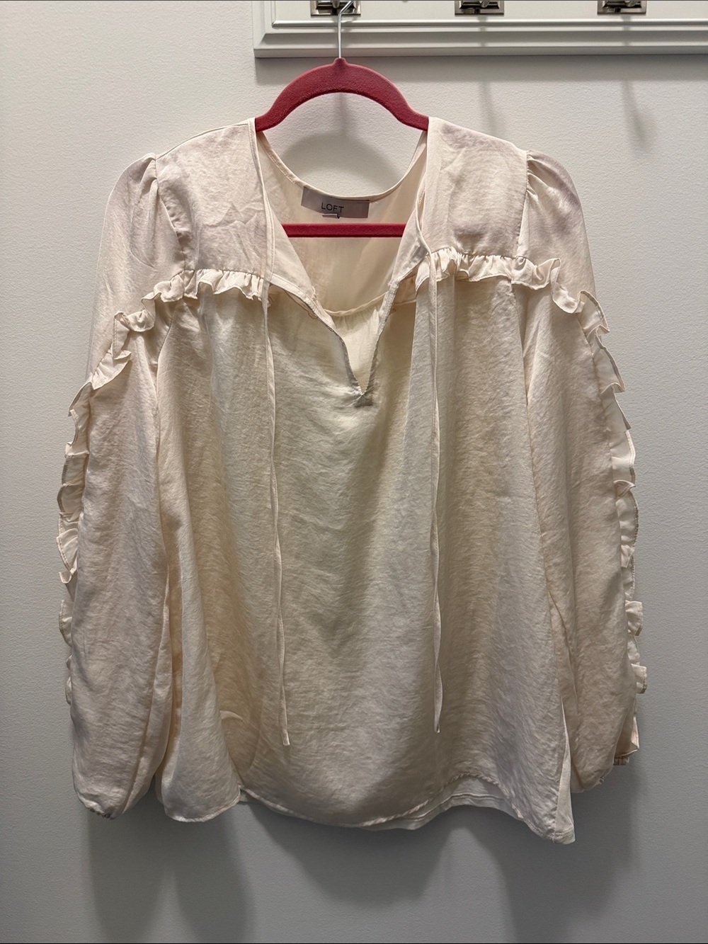LOFT Cream Ruffle Tie-Neck Blouse